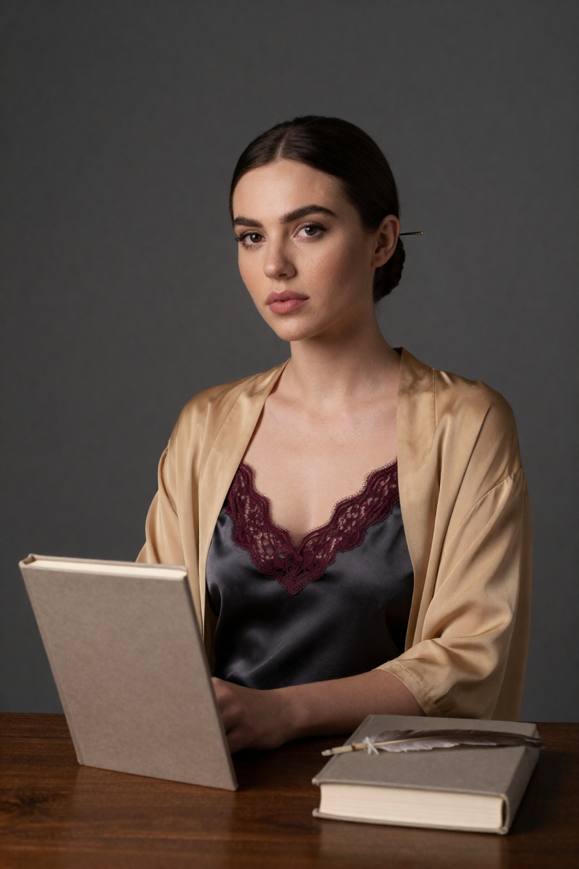 Fictional 29-year-old woman, dark brown hair in a smooth low bun with a plain gold pin,