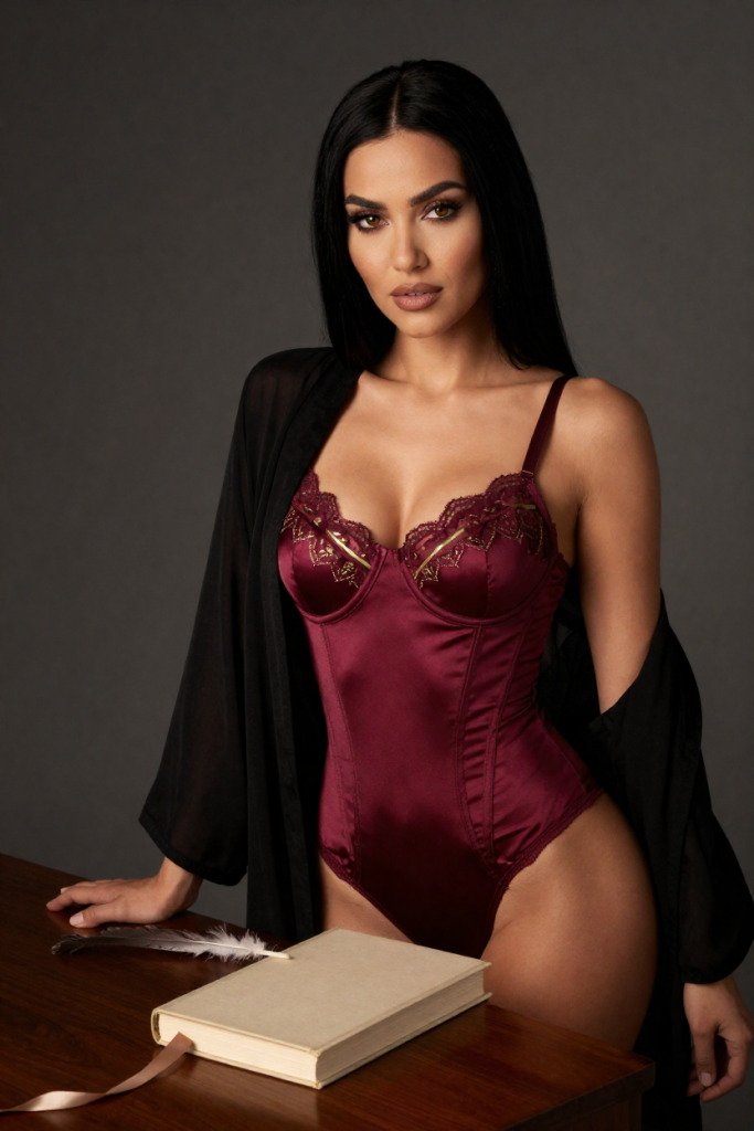 BioLinkPhoenix fictional muse, 28, in a wine-red satin corset beside the closed biography and its feather
